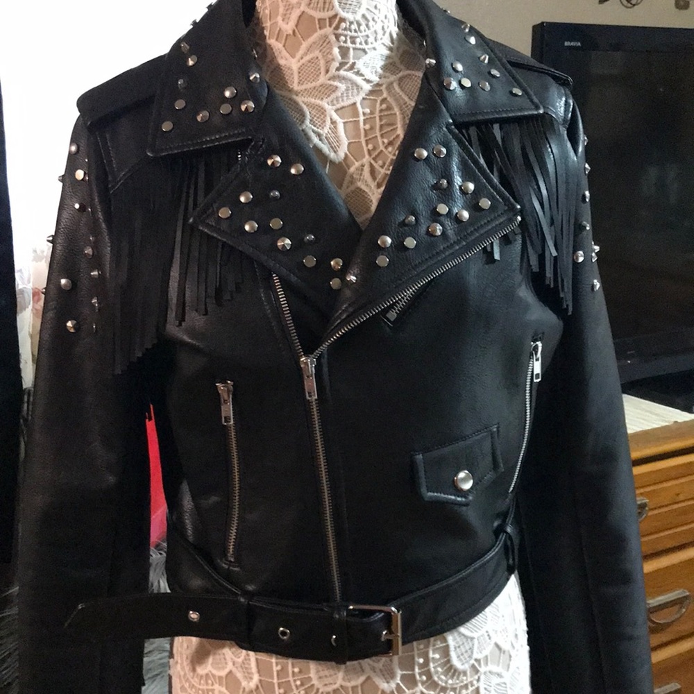 Faux leather fringe and studded jacket size L